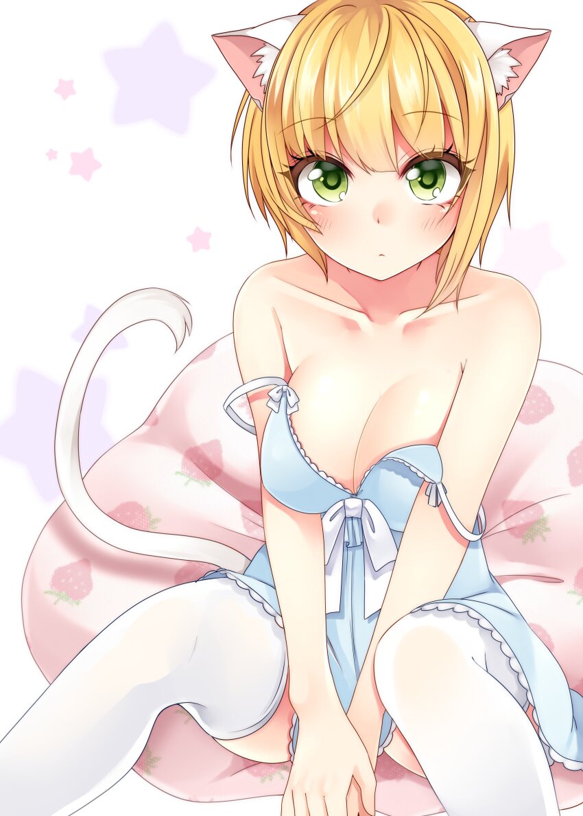 1girl absurdres animal_ear_fluff animal_ears bare_shoulders between_legs blonde_hair blue_camisole blush bow breasts camisole cat_ears cat_tail cleavage closed_mouth collarbone cushion dot_nose double_strap_slip dress_bow fake_animal_ears fake_tail green_eyes hand_between_legs highres idolmaster idolmaster_cinderella_girls idolmaster_cinderella_girls_starlight_stage knees_up looking_at_viewer medium_breasts miyamoto_frederica sasakichi_(ssk_chi) short_hair sitting solo star_(symbol) star_symbol_background tail thighhighs white_background white_bow white_thighhighs