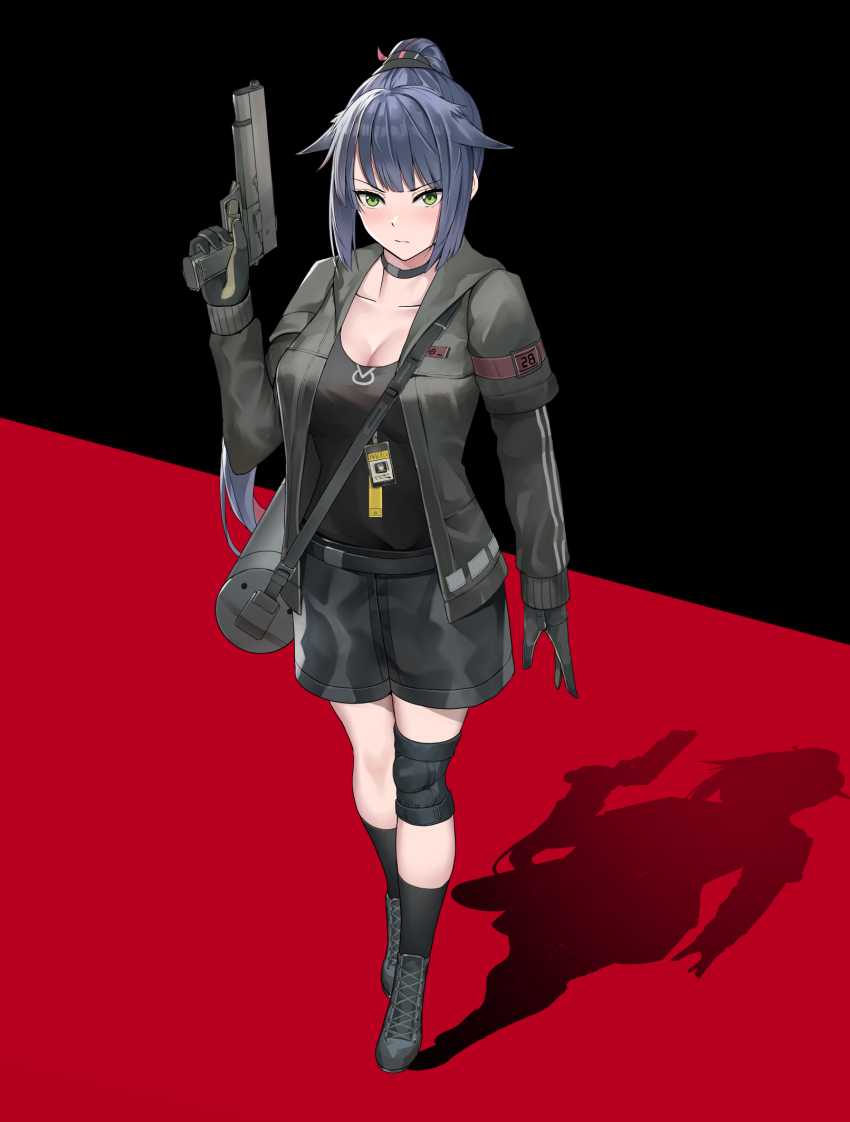 1girl arknights arm_at_side bag black_background black_choker black_footwear black_gloves black_hair black_jacket black_shirt black_shorts black_socks blunt_bangs blunt_ends blush boots breasts chinese_commentary choker cleavage closed_mouth collarbone commentary_request cross-laced_footwear dracula_(5574) drop_shadow eyelashes full_body gloves green_eyes gun hand_up handgun highres holding holding_gun holding_weapon id_card jacket jessica_(arknights) knee_pads kneehighs large_breasts long_hair looking_at_viewer open_clothes open_jacket ponytail red_background serious shirt shorts shoulder_bag sidelocks simple_background single_knee_pad socks solo standing tachi-e tsurime two-tone_background v-shaped_eyebrows very_long_hair weapon