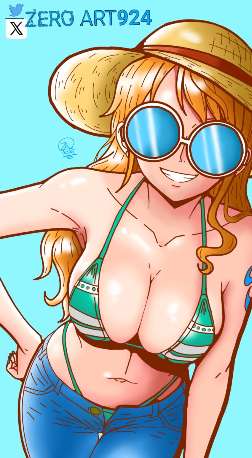 1girl armpits artist_name bikini breasts collarbone denim grin hand_on_own_hip hat jeans large_breasts long_hair looking_at_viewer nami_(one_piece) nami_(one_piece)_(post-timeskip) navel one_piece orange_hair pants shoulder_tattoo signature smile solo straw_hat sunglasses swimsuit tattoo teeth twitter_logo twitter_username zeroart924