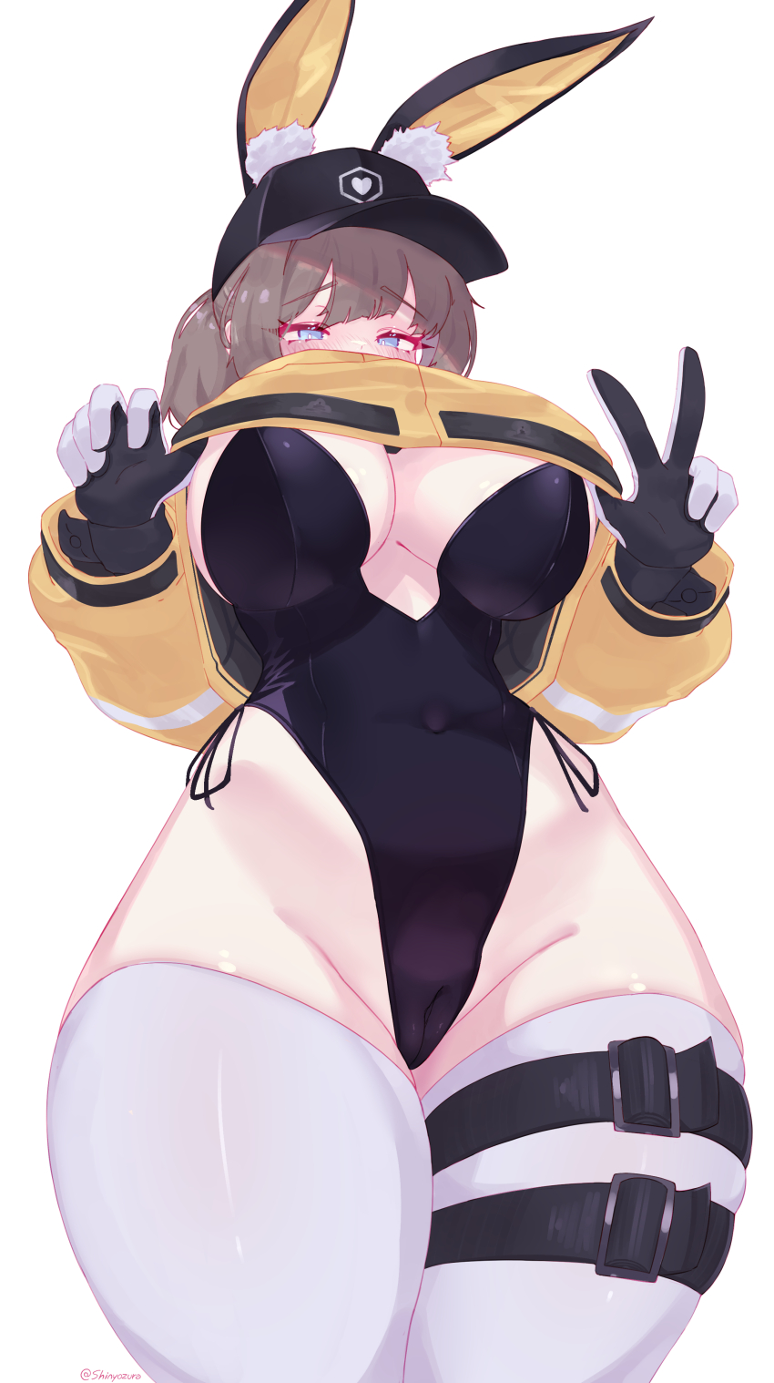 1girl absurdres animal_ears baseball_cap black_gloves black_leotard blue_eyes blush breasts brown_hair cameltoe cleavage clothes_lift commentary covered_navel cowboy_shot dima_(girls&#039;_frontline) english_commentary fake_animal_ears girls&#039;_frontline gloves hat highleg highleg_leotard highres jacket jacket_lift leotard looking_at_viewer playboy_bunny ponytail shinyozura simple_background solo thigh_strap thighhighs two-tone_gloves w white_background white_gloves white_thighhighs yellow_jacket