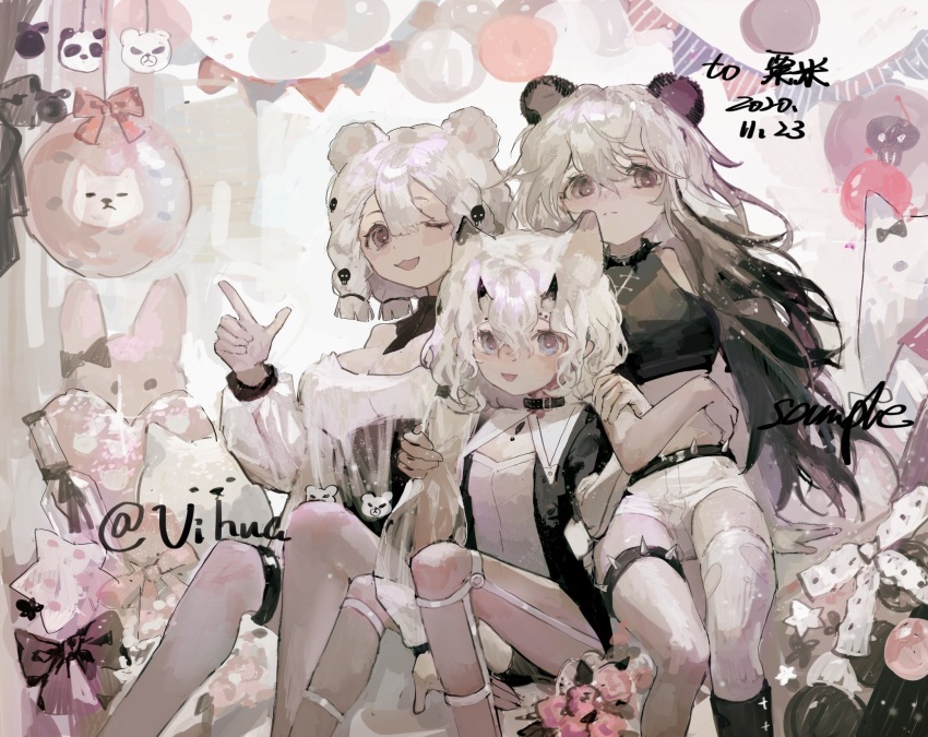 3girls animal_ears balloon bear_ears bear_girl black_collar black_eyes black_hair black_ribbon black_shirt black_socks blue_eyes breasts center-flap_bangs chinese_commentary cleavage collar commentary_request commission crop_top dated hair_ornament hand_on_another&#039;s_arm highres horns large_breasts long_hair long_sleeves medium_hair multicolored_hair multiple_girls open_mouth original panda_girl pennant ribbon shirt short_hair shorts sitting skull_hair_ornament smile socks spiked_thigh_strap thigh_strap two-tone_hair vihua6 wavy_hair white_hair white_ribbon white_shirt white_shorts