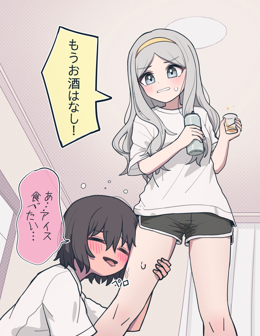 2girls absurdres black_hair black_shorts blush can closed_eyes commentary_request dolphin_shorts drunk grey_eyes grey_hair hairband hand_on_another&#039;s_thigh head_on_another&#039;s_leg highres holding holding_can indoors jin_(jinkwon1147) multiple_girls open_mouth original parted_lips shirt short_hair short_sleeves shorts speech_bubble sweatdrop tongue tongue_out translation_request white_shirt yellow_hairband yuri