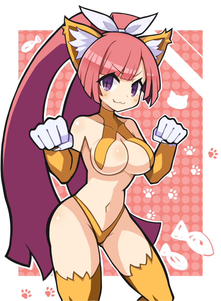 1girl :3 animal_ears animal_hands blunt_bangs blush body_blush border bow breasts cat_ears cat_girl cat_symbol cat_tail claws collarbone disgaea fang fish fur_panties fur_thighhighs groin hair_bow high_ponytail highres large_breasts long_hair looking_at_viewer nekomata nekomata_(disgaea) paw_print pink_hair polka_dot polka_dot_background ponytail purple_eyes red_background shiny_skin slit_pupils smile solo suaman tail underboob very_long_hair white_border white_bow wide_ponytail