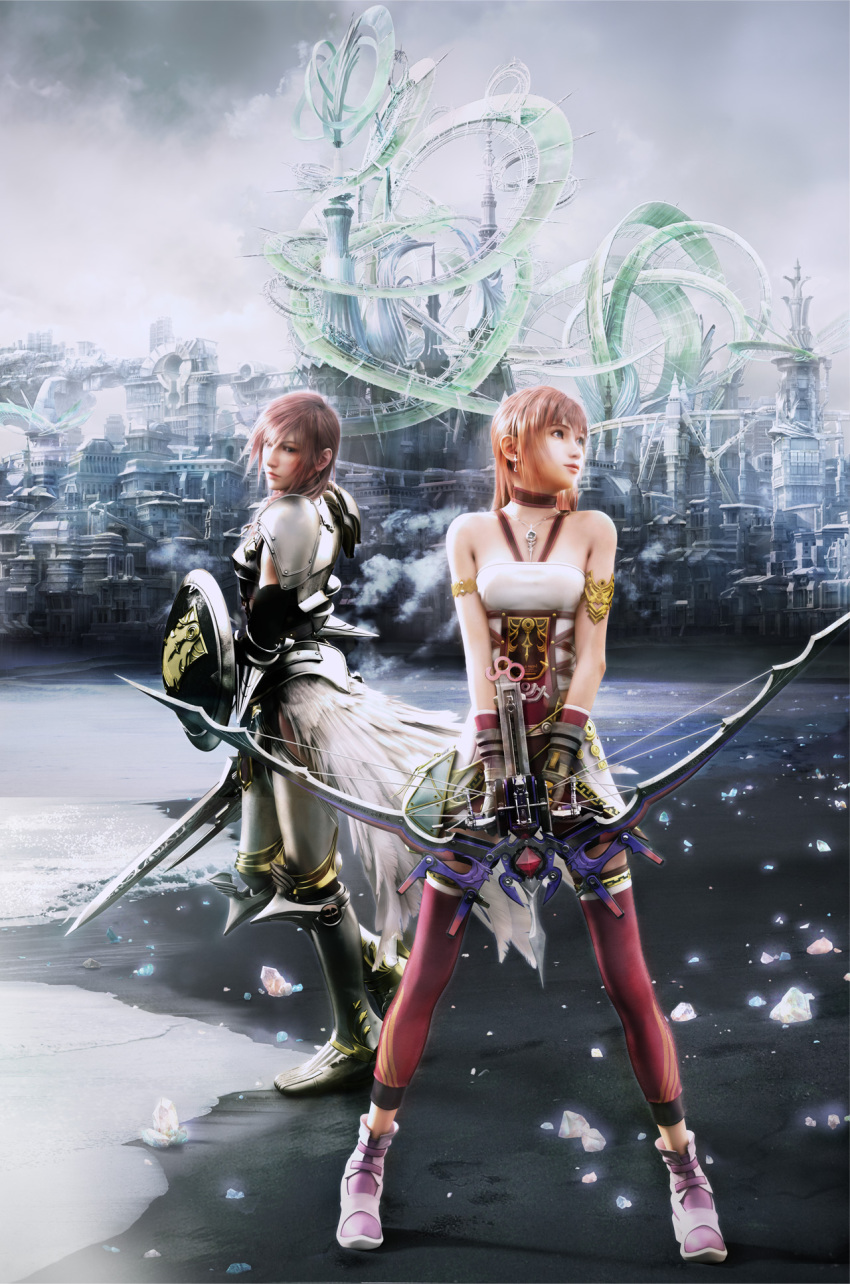 10s 2girls 3d armor bow_(weapon) breastplate building crossbow earrings farron feathers final_fantasy final_fantasy_xiii final_fantasy_xiii-2 highres jewelry lightning_farron long_hair multiple_girls necklace official_art pink_hair pteruges serah_farron shield siblings sisters sword weapon