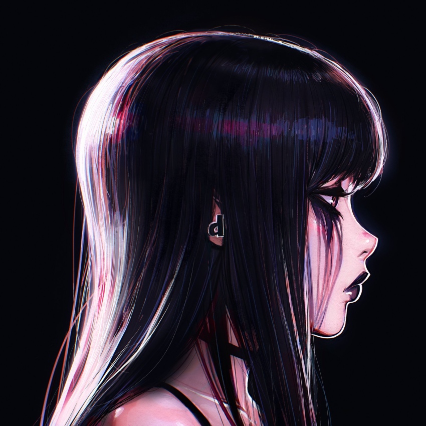 1girl backlighting black_background black_hair black_lips black_theme blunt_bangs brown_eyes camisole earrings expressionless from_side highres ilya_kuvshinov jewelry letter_earrings lips lipstick long_hair makeup mascara nose original portrait profile runny_makeup solo