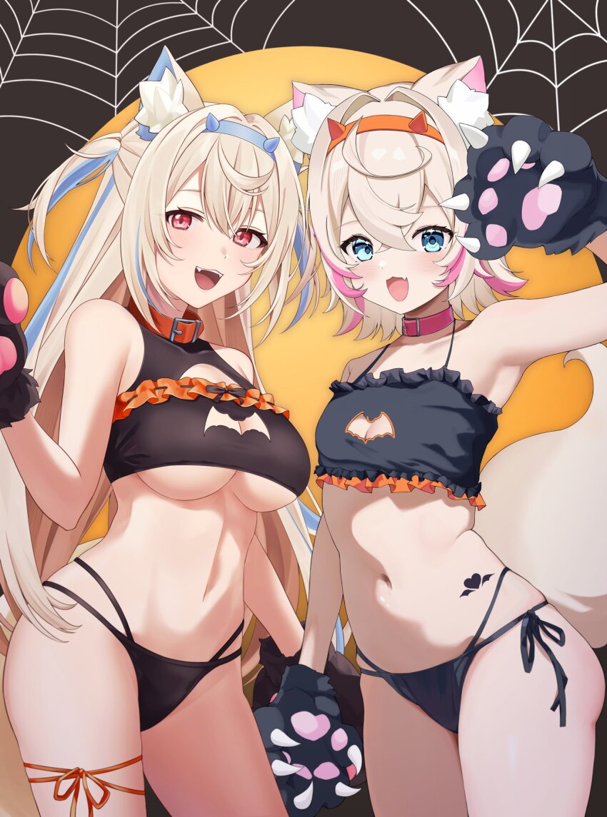 2girls animal_collar animal_ear_fluff animal_ears animal_hands bikini black_bikini blonde_hair blue_eyes blue_hair blue_hairband breasts cleavage clothing_cutout collar crossed_bangs dog_ears fang fuwawa_abyssgard hairband heart heart_tattoo highres hololive hololive_english large_breasts long_hair mococo_abyssgard multicolored_hair multiple_girls navel open_mouth orange_collar orange_hairband pink_collar pink_hair red_eyes sano_(sanonomo) short_hair side-tie_bikini_bottom silk skin_fang small_breasts spider_web streaked_hair swimsuit tattoo teeth two_side_up underboob upper_teeth_only virtual_youtuber yuni_animal_(remyi_3)