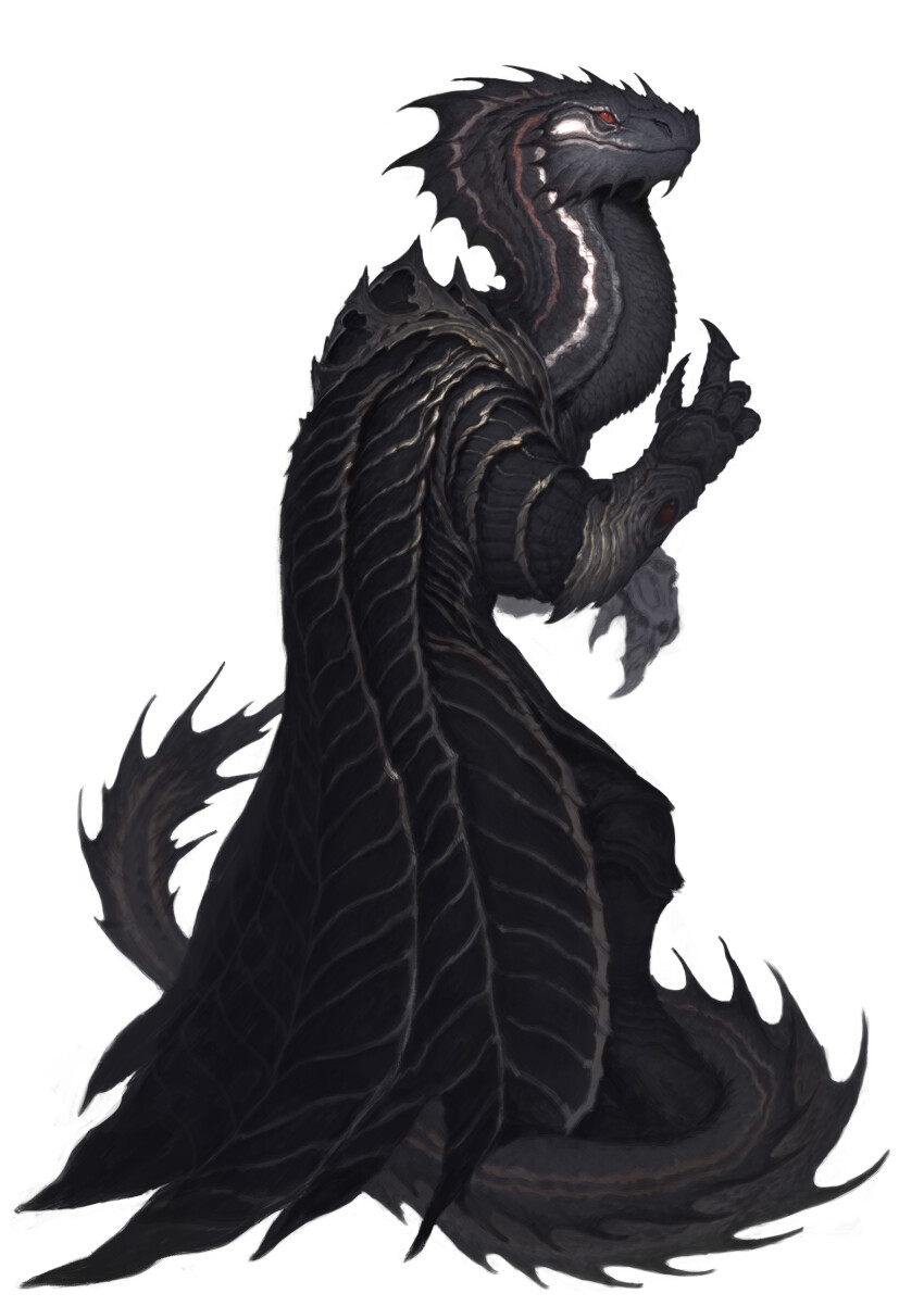 1boy absurdres black_robe black_scales commentary digitigrade dragon_boy dragon_tail english_commentary fins from_side full_body furry furry_male gauntlets highres john_tedrick original robe scales simple_background slit_pupils solo standing tail white_background