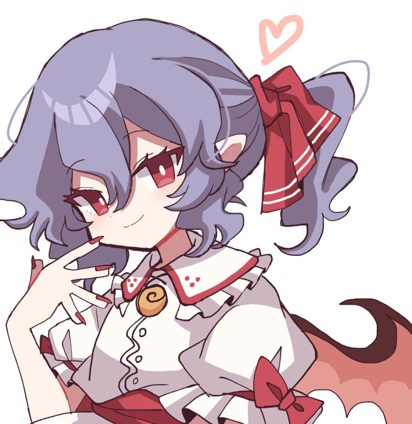 1girl bat_wings blue_hair bow brooch collared_shirt frilled_shirt_collar frills furiba_794 hair_between_eyes hair_ribbon hand_up heart highres jewelry looking_at_viewer ponytail puffy_short_sleeves puffy_sleeves red_bow red_eyes red_nails red_ribbon remilia_scarlet ribbon shirt short_hair short_sleeves simple_background sleeve_bow smile solo touhou upper_body white_background wings