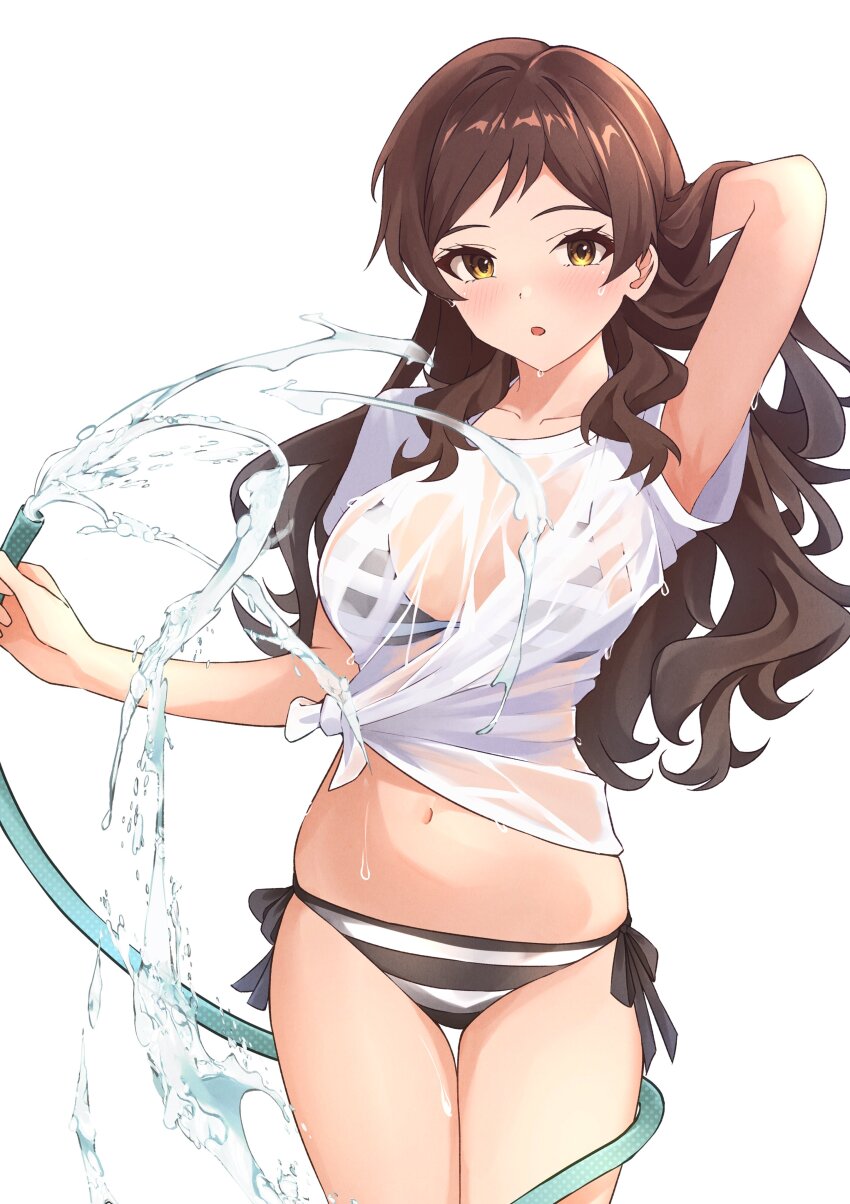 1girl absurdres arm_behind_head arm_up armpits b1ack_illust bikini black_bikini breasts brown_eyes brown_hair collarbone highres holding holding_hose hose idolmaster idolmaster_million_live! kitazawa_shiho large_breasts long_hair looking_at_viewer open_mouth see-through_clothes see-through_shirt shirt simple_background solo striped_bikini striped_clothes swimsuit thigh_gap tied_shirt water wet wet_clothes wet_shirt white_background white_shirt