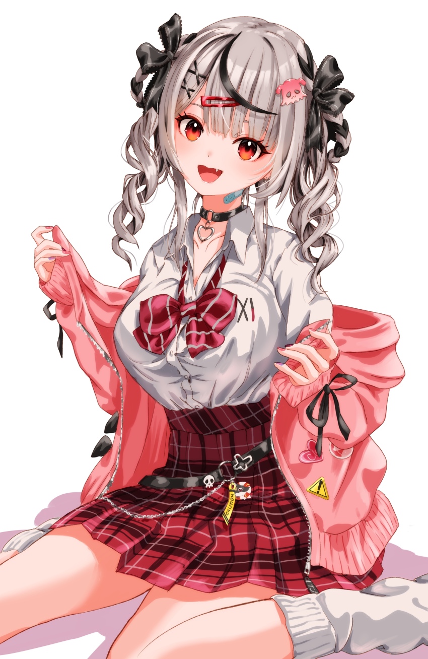 1girl bow bowtie breasts grey_hair hololive large_breasts lingmu long_sleeves open_mouth plaid_clothes plaid_skirt red_eyes sakamata_chloe short_hair simple_background skirt solo twintails virtual_youtuber