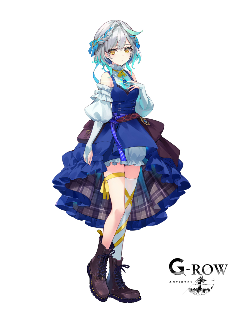 1girl aqua_hair bloomers blue_dress blue_skirt boots braid brown_footwear closed_mouth commentary_request cross-laced_footwear detached_sleeves dress expressionless full_body grey_hair hair_between_eyes hand_on_own_chest high-low_skirt highres jewelry lace-up_boots looking_at_viewer medium_skirt mimir_(phantom_of_the_kill) neck_ribbon necklace official_art phantom_of_the_kill plaid_clothes plaid_skirt ribbon second-party_source shibuhiko short_hair simple_background single_thighhigh skirt solo standing thighhighs two-sided_fabric two-sided_skirt underwear white_background white_thighhighs yellow_eyes yellow_ribbon