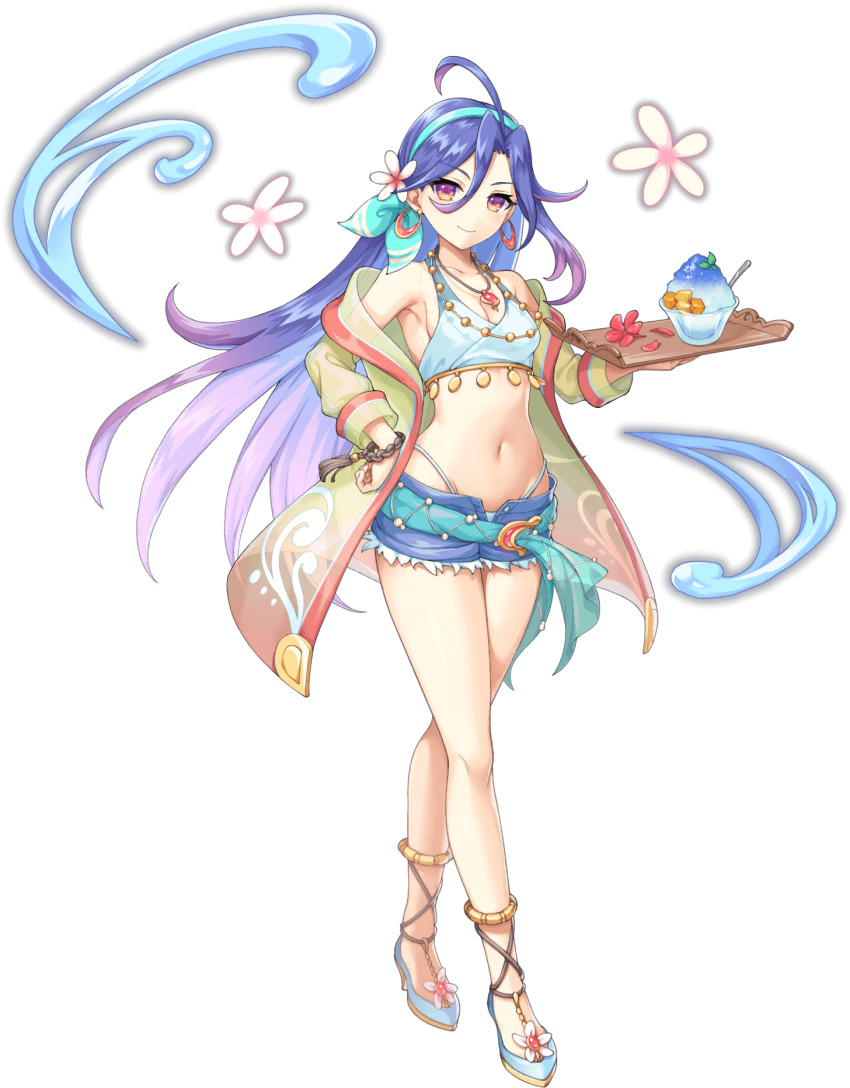 1girl ahoge armpits artist_request bare_legs bare_shoulders blue_footwear blue_hair bracelet breasts cleavage earrings flower full_body game_cg groin hair_between_eyes hair_flower hair_ornament hand_on_own_hip headband highres holding holding_tray jewelry laplace_(legend_clover) legend_clover light_smile long_hair multicolored_hair navel necklace official_art panties pink_hair purple_eyes purple_hair short_shorts shorts sideboob third-party_source transparent_background tray underwear white_panties