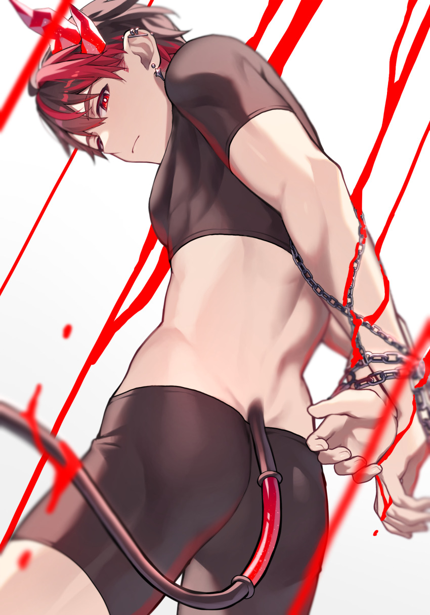 1boy absurdres ass back brown_hair brown_shirt brown_shorts chain closed_mouth crop_top earrings highres jewelry kurobikari male_focus multicolored_hair original red_eyes red_hair shirt short_hair shorts solo white_background