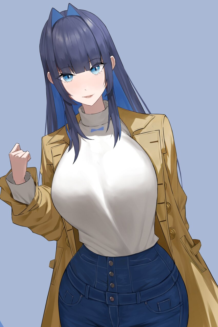 1girl absurdres blue_eyes blue_hair blue_pants blunt_bangs blush breasts brown_coat coat colored_inner_hair denim hair_intakes high-waist_pants highres holocouncil hololive hololive_english jeans large_breasts long_hair long_sleeves looking_at_viewer multicolored_hair official_alternate_costume official_alternate_hair_length official_alternate_hairstyle ouro_kronii ouro_kronii_(casual) pants rawoon_d shirt smile solo sweater sweater_tucked_in trench_coat turtleneck virtual_youtuber white_shirt white_sweater