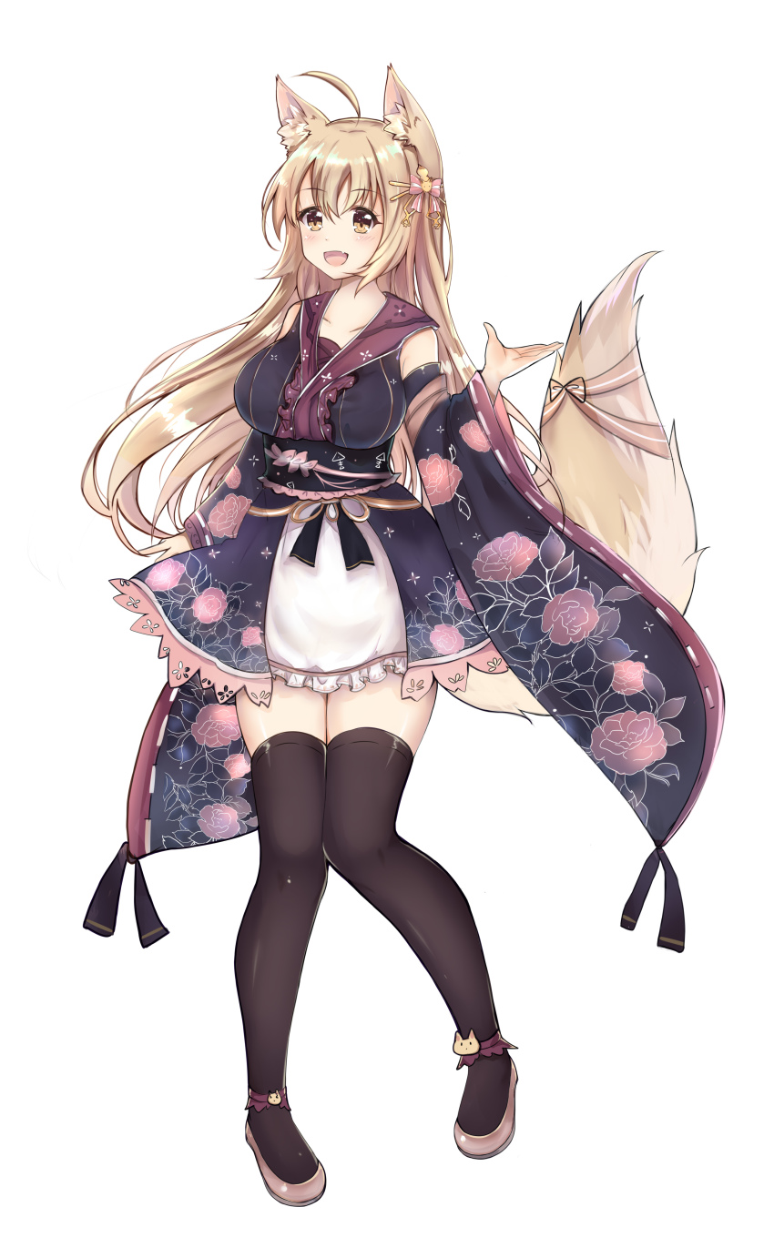 1girl :d absurdres ahoge animal_ear_fluff animal_ears black_kimono black_sleeves black_thighhighs blush bow breasts brown_eyes brown_footwear center_frills copyright_request detached_sleeves fang fox_ears fox_girl fox_hair_ornament fox_tail frills full_body hair_between_eyes hair_bow hand_up highres japanese_clothes kimono large_breasts light_brown_hair long_hair long_sleeves looking_at_viewer open_mouth petals print_kimono print_sleeves rinringyo rose_petals shoes simple_background sleeveless sleeveless_kimono smile solo striped_bow tail thighhighs very_long_hair white_background