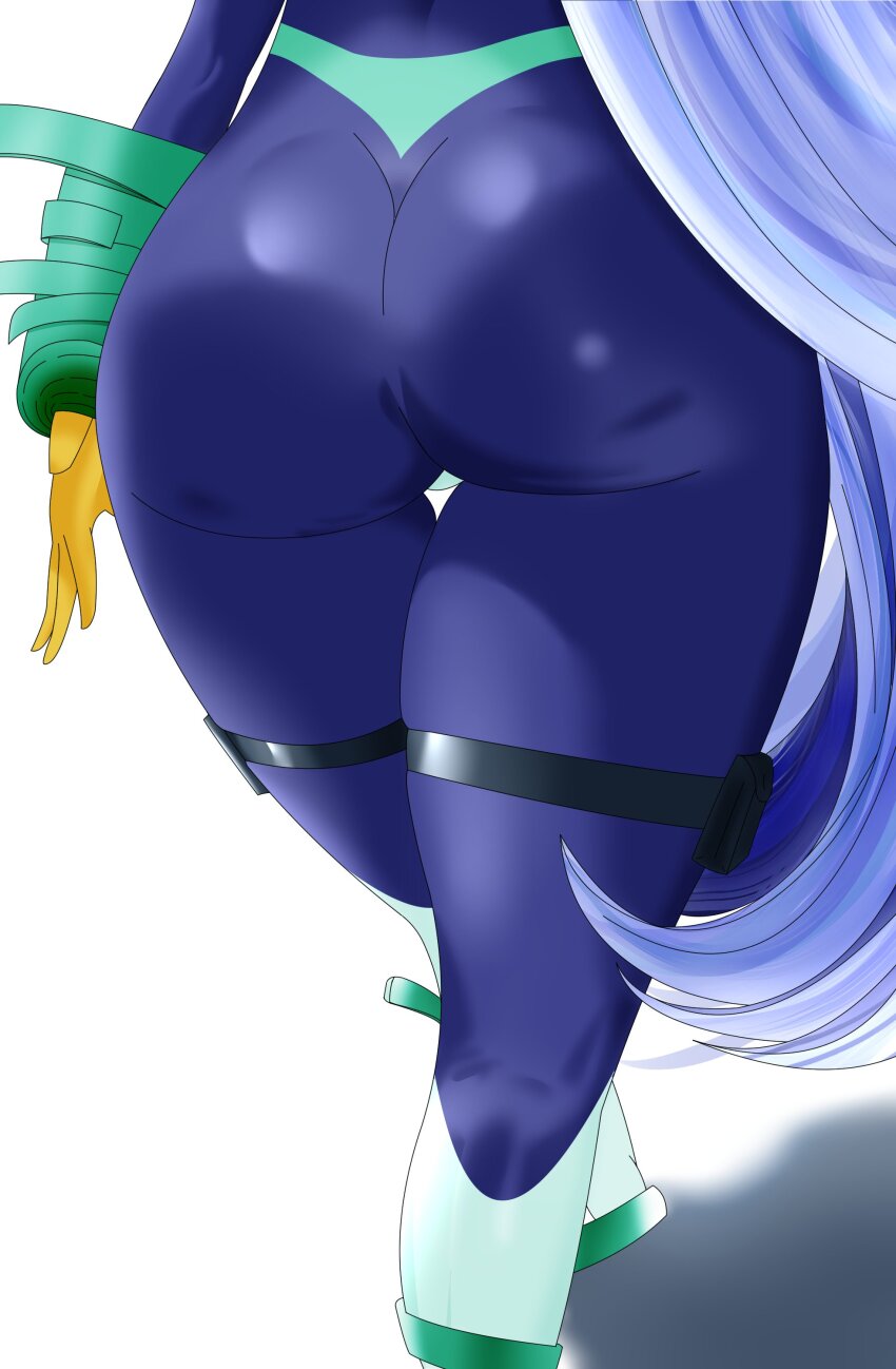 1girl absurdres artist_request ass ass_focus blue_bodysuit blue_hair bodysuit boku_no_hero_academia female_focus gloves hado_nejire highres huge_ass light_blue_hair long_hair skin_tight solo superhero_costume thighs very_long_hair yellow_gloves