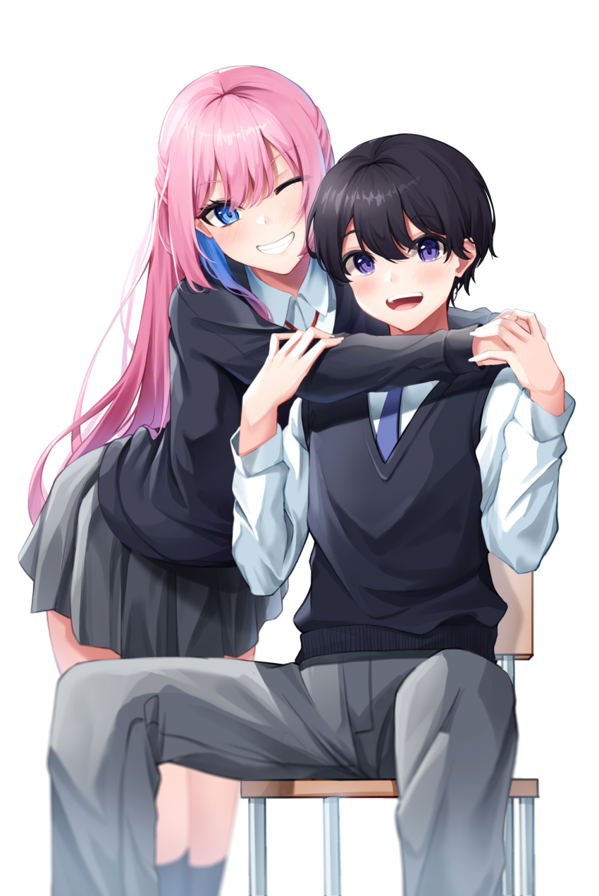 1boy 1girl bent_over black_socks black_sweater black_vest blue_eyes blue_necktie collared_shirt couple dress_shirt grey_pants grey_skirt grin hair_between_eyes highres hug izumi_yuuki_(kawaii_dake_ja_nai) kawaii_dake_ja_nai_shikimori-san kneehighs lancheu long_hair long_sleeves looking_at_viewer miniskirt necktie pants pink_hair pleated_skirt school_uniform shikimori_miyako shirt sitting skirt smile socks spread_legs standing sweater vest white_shirt wing_collar