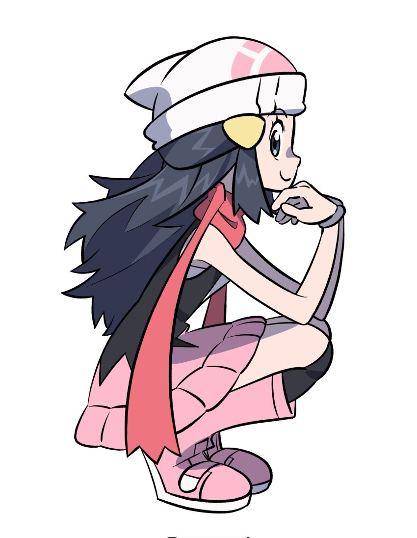 1girl black_eyes black_hair black_shirt black_socks boots closed_mouth creatures_(company) dawn_(pokemon) from_side fukurinn full_body game_freak hair_ornament hairclip hat highres kneehighs long_hair looking_at_viewer nintendo pink_footwear pink_skirt pokemon pokemon_dppt red_scarf scarf shirt skirt sleeveless sleeveless_shirt smile socks solo squatting white_background white_hat