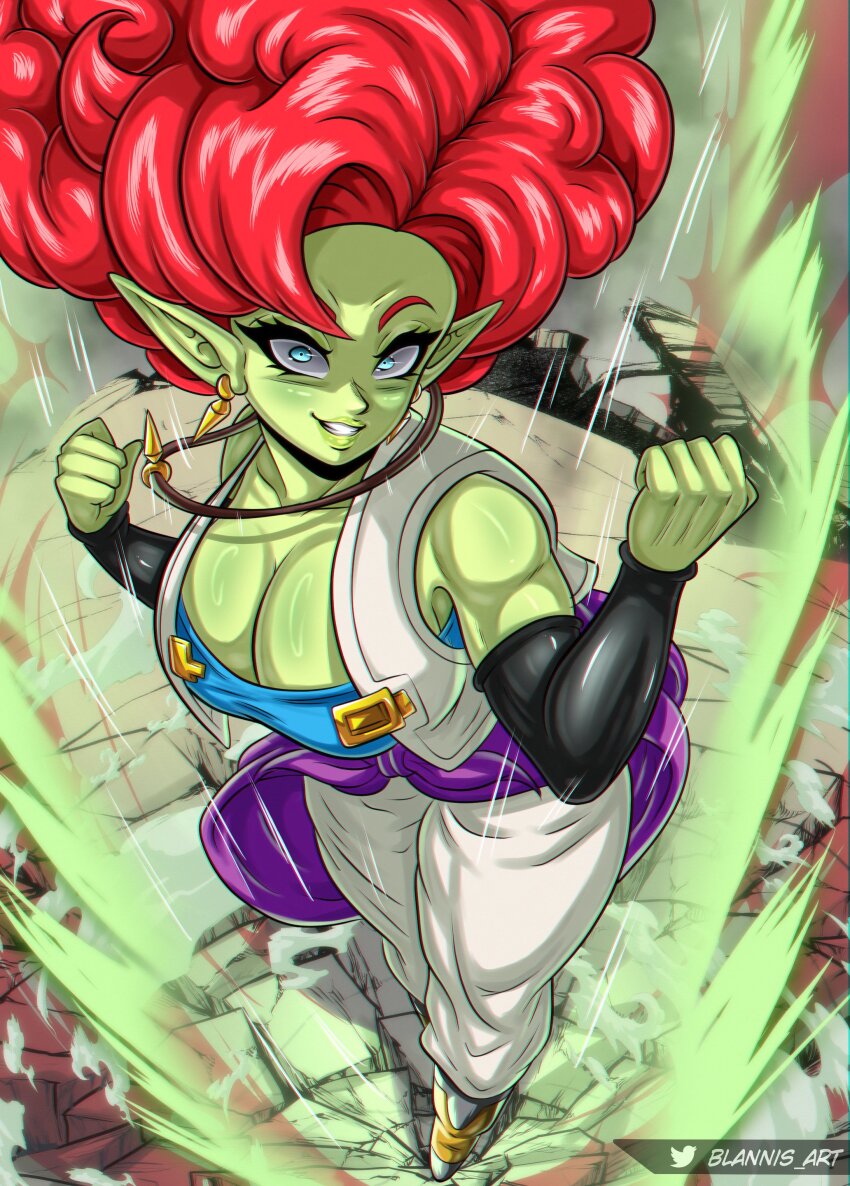 1girl alien alternate_hair_color alternate_skin_color aqua_eyes artist_name aura bare_shoulders black_sleeves blannis blue_shirt blush boots breasts cape cleavage constricted_pupils detached_sleeves dragon_ball dragonball_z excited eyebrows eyelashes female_focus floating_hair from_above full_body grey_footwear grin hands_up jewelry large_breasts long_hair long_pointy_ears looking_at_viewer looking_up muscular muscular_arms muscular_female necklace outdoors pants pointy_ears purple_cape red_hair shirt smile solo standing strapless strapless_shirt teeth two-tone_footwear vest waist_cape white_pants white_vest yellow_footwear zangya