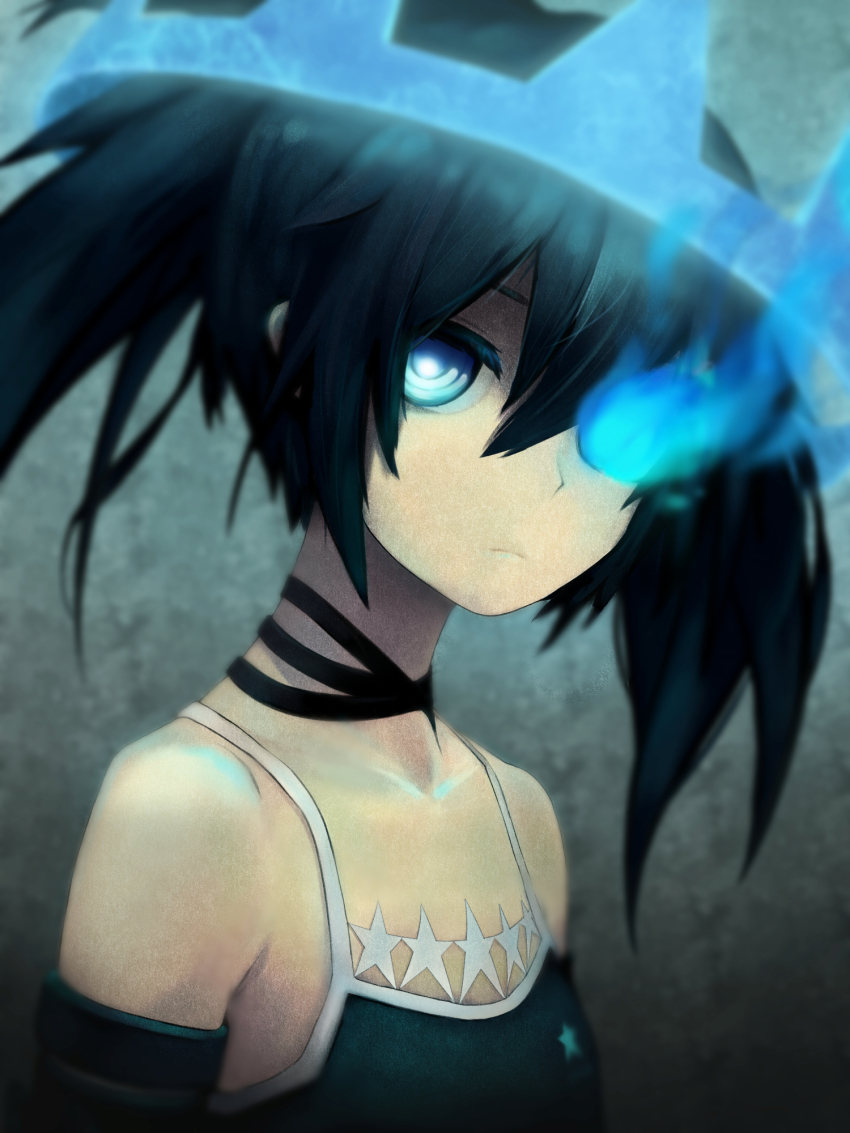 10s 1girl black_hair black_rock_shooter black_rock_shooter_(character) black_rock_shooter_beast blue_eyes commentary female_focus glowing glowing_eye highres looking_at_viewer pale_skin solo tank_top twintails xh