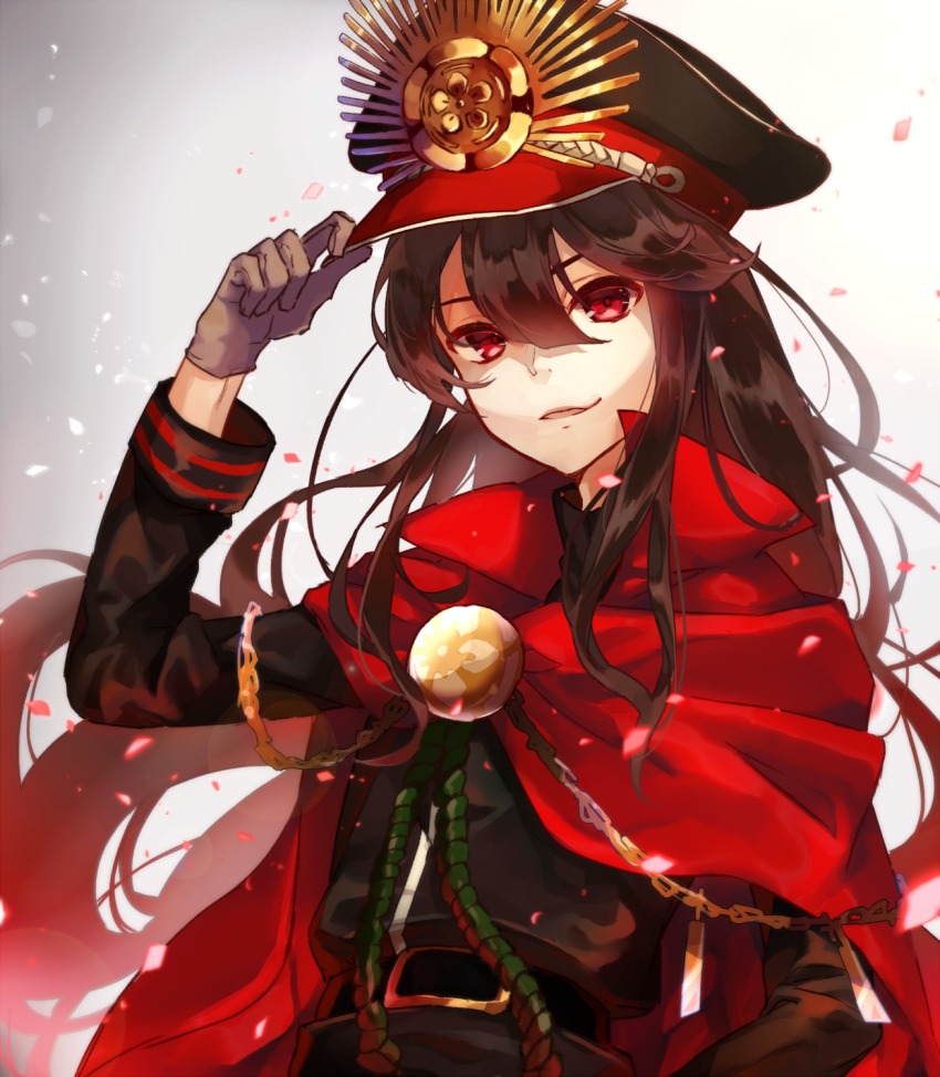 1girl belt black_hair cape commentary_request crest family_crest fate_(series) female_focus fujikiri_yana gloves grey_gloves hair_between_eyes hand_on_headwear hat highres koha-ace long_hair looking_at_viewer military military_uniform oda_nobunaga_(fate) oda_nobunaga_(koha-ace) open_mouth petals red_cape red_eyes smile solo