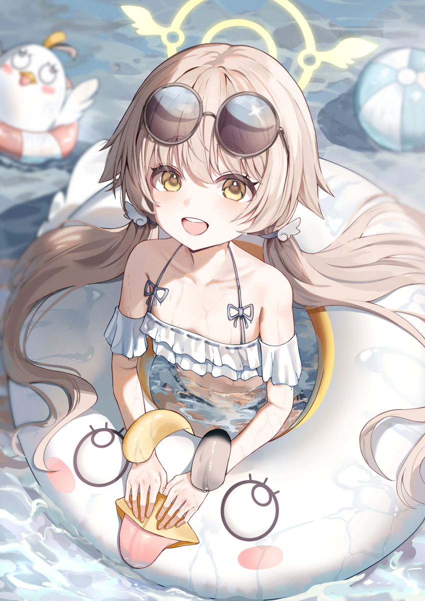 1girl absurdres ball beachball bikini bird blonde_hair blue_archive blurry blurry_background blush_stickers collarbone commentary_request eyewear_on_head grey_ribbon hifumi_(blue_archive) hifumi_(swimsuit)_(blue_archive) highres lnji_(rnlwls34) long_hair looking_at_viewer open_mouth peroro_(blue_archive) ribbon-trimmed_bikini smile solo sunglasses swim_ring swimming swimsuit teeth twintails upper_body upper_teeth_only very_long_hair water wet white_bikini wing_hair_ornament yellow_eyes