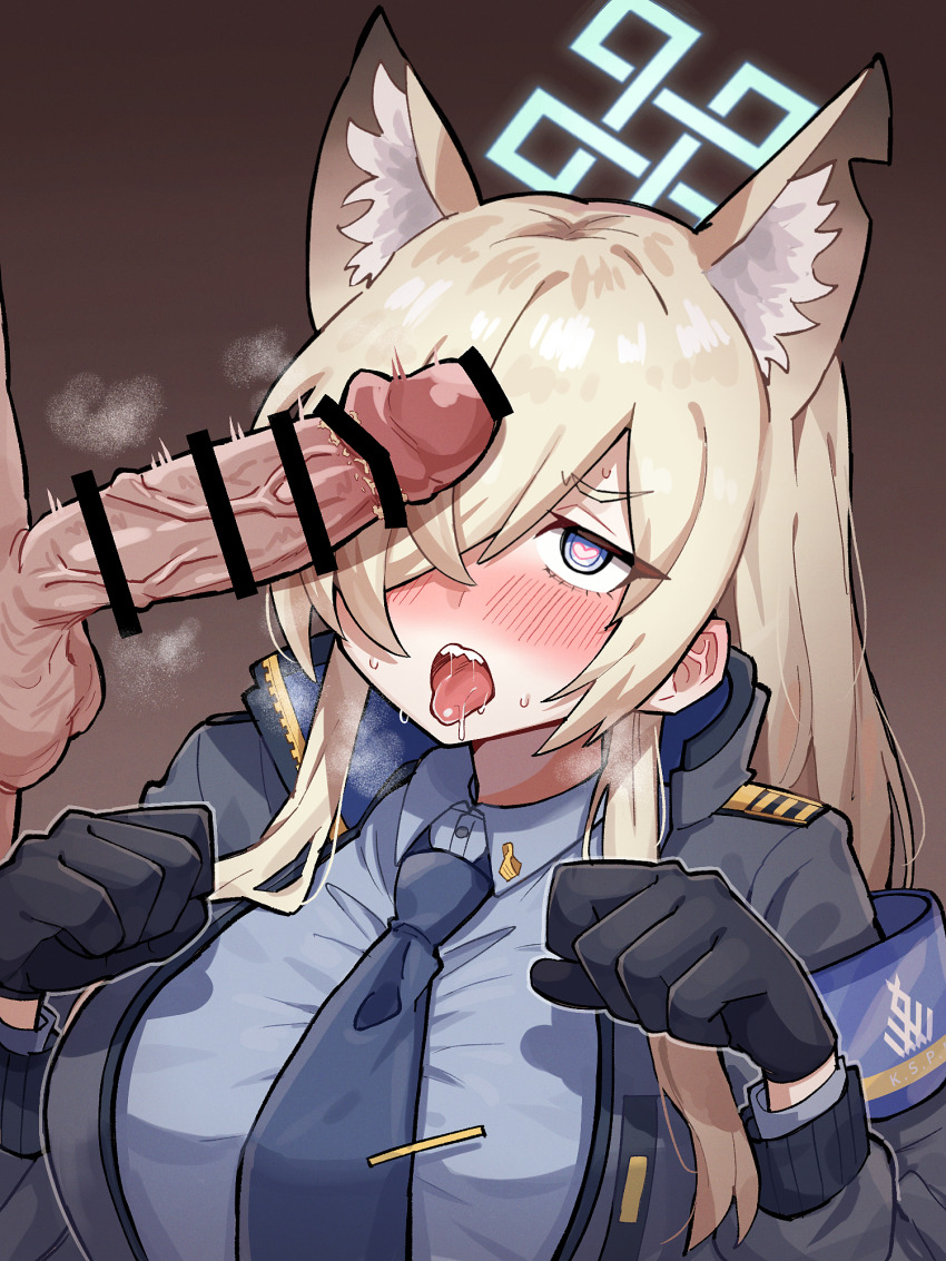 1boy 1girl animal_ears bar_censor black_gloves black_jacket black_necktie blonde_hair blue_archive blue_eyes blue_shirt breasts censored commentary_request dog_ears dog_girl drooling gloves halo heart heart-shaped_pupils highres jacket kanna_(blue_archive) large_breasts looking_at_viewer necktie paw_pose penis_awe penis_on_face portrait sakusaku_ebifurya_(hoshino_3939) shirt smegma smelling smelling_penis solo_focus steaming_body symbol-shaped_pupils testicles