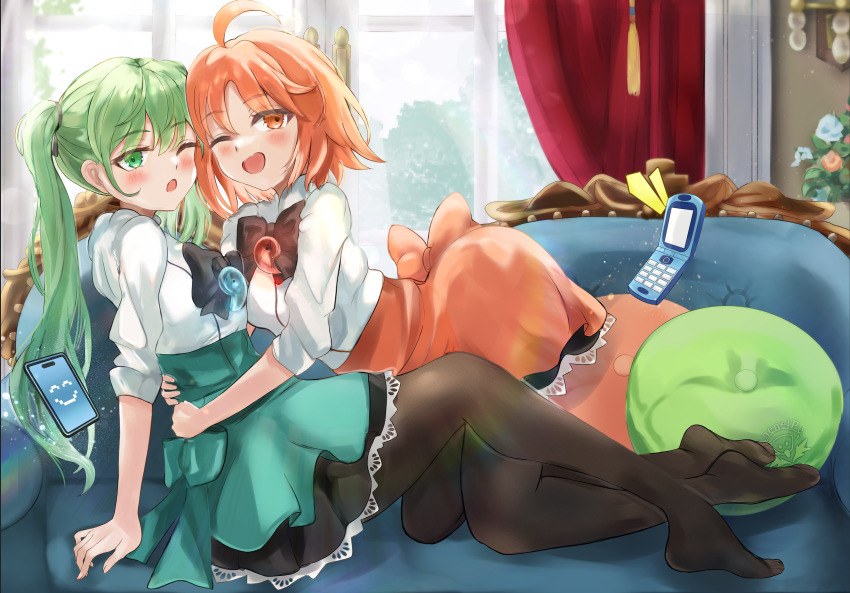 2girls absurdres ahoge apron black_skirt blush breasts brown_pantyhose cellphone couch fate/grand_order fate_(series) green_apron green_eyes green_hair hibino_hibiki highres katsuragi_chikagi klash large_breasts long_hair looking_at_viewer magatama medium_breasts multiple_girls one_eye_closed open_mouth orange_apron orange_eyes orange_hair pantyhose phone shirt short_hair skirt smile twintails type-moon white_shirt