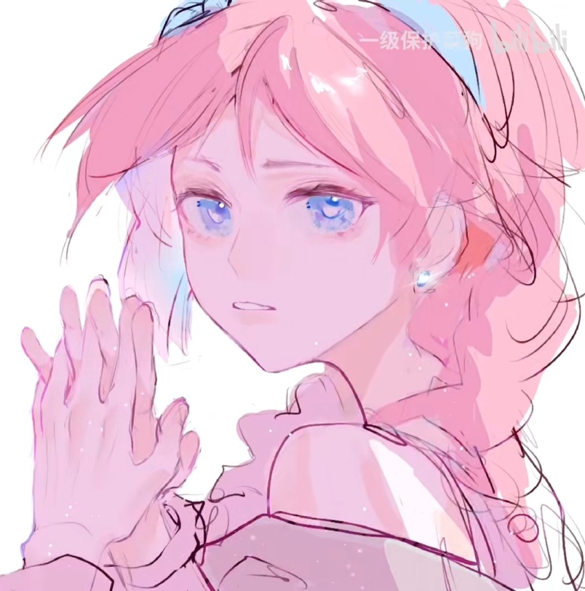 artist_request bare_shoulders bilibili_logo blue_eyes braid bright_pupils character_request copyright_request earrings expressionless eyelashes frilled_shirt frills gleam grey_jacket interlocked_fingers jacket jewelry lips long_hair long_sleeves looking_at_viewer own_hands_together parted_lips pink_hair shirt simple_background single_braid sleeveless sleeveless_shirt source_request stud_earrings teeth third-party_source white_background white_pupils white_shirt