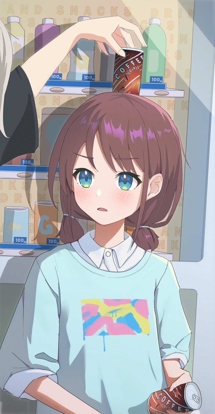 2girls absurdres black_shirt blue_eyes blue_shirt blush brown_hair can canned_coffee chinese_commentary collared_shirt commentary_request drink_can girls_band_cry highres holding holding_can iseri_nina kawaragi_momoka light_brown_hair multiple_girls newminds object_on_head parted_lips shirt short_twintails twintails vending_machine white_shirt