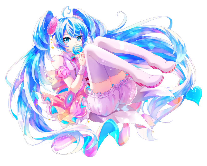 1girl absurdly_long_hair ahoge armlet bare_shoulders blue_eyes blue_hair boots candy collared_shirt diamond-shaped_pupils diamond_(shape) food hatsune_miku heart heart_ahoge highres holding holding_candy holding_food holding_lollipop jewelry lollipop long_hair looking_at_viewer shirayuki_towa shirt shorts sleeveless sleeveless_shirt solo swirl_lollipop symbol-shaped_pupils thigh_boots thighhighs very_long_hair vocaloid white_background white_footwear white_shirt white_shorts zettai_ryouiki