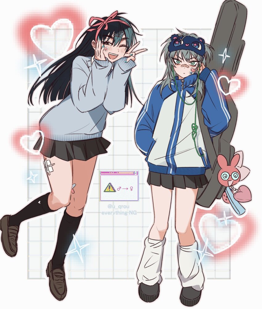 2girls ;d alien_stage aqua_nails artist_name bandaid bandaid_on_face bandaid_on_nose black_eyes black_footwear black_hair black_skirt black_socks blue_jacket brown_footwear charm_(object) commentary earbuds earphones full_body gauze gauze_on_leg genderswap genderswap_(mtf) green_eyes grey_hair grey_sweater guitar_case hair_ornament hair_ribbon hairclip hand_in_pocket hand_on_own_face heart highres instrument_case ivan_(alien_stage) jacket kneehighs leg_warmers long_hair long_sleeves mars_symbol mask mask_on_head miniskirt multiple_girls official_alternate_costume one_eye_closed open_mouth pink_ribbon pleated_skirt ribbon skirt sleep_mask smile socks sweater till_(alien_stage) track_jacket u_qrou v venus_symbol white_leg_warmers window_(computing)