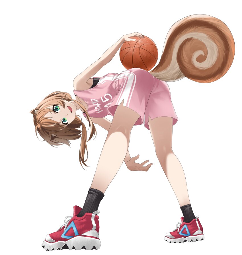 1girl :d absurdres ags_artz ahoge alternate_costume animal_ear_fluff animal_ears ass ayunda_risu ball bare_shoulders basketball_(object) basketball_jersey basketball_uniform bent_over black_socks breasts brown_hair collarbone from_behind from_below full_body green_eyes highres holding holding_ball hololive hololive_indonesia legs_apart looking_at_viewer looking_back low_twintails medium_breasts medium_hair open_mouth pink_shorts red_footwear shirt shoes shorts simple_background sleeveless smile sneakers socks solo sportswear squirrel_ears squirrel_girl squirrel_tail standing tail tank_top twintails virtual_youtuber white_background