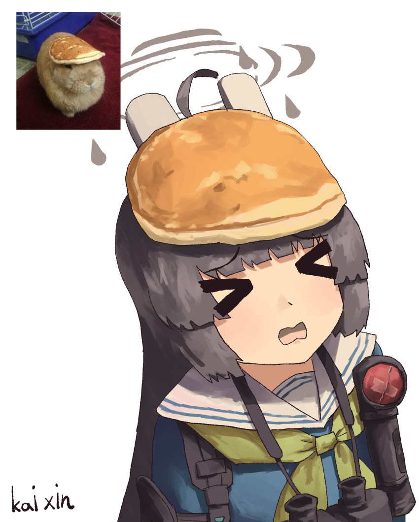 &gt;_&lt; 1girl absurdres ahoge animal_ears binoculars black_hair blue_archive blue_shirt commentary english_commentary fake_animal_ears food food_on_head green_neckerchief grey_halo halo highres long_hair miyu_(blue_archive) neckerchief object_on_head oolong_the_rabbit open_mouth pancake photo-referenced photo_inset rabbit rabbit_ears reference_inset sailor_collar school_uniform shirt simple_background solo wavy_mouth white_background white_sailor_collar zheng_kai_xin