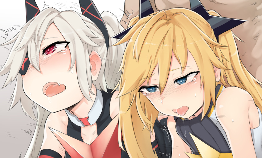 2boys 2girls black_shirt blonde_hair blue_eyes blush clear_(djmax) crying crying_with_eyes_open detached_sleeves djmax drooling ear_blush eyepatch fail_(djmax) fang hair_ornament highres implied_sex k0ng long_hair motion_lines multiple_boys multiple_girls open_mouth out-of-frame_censoring red_eyes saliva saliva_trail shirt sweat tears tongue tongue_out torogao very_long_hair white_background white_hair white_shirt