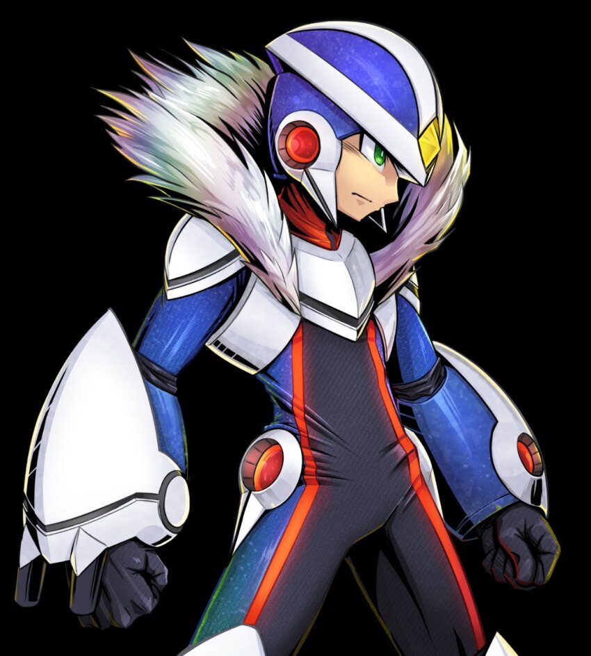 1boy black_background black_bodysuit blue_helmet bodysuit clenched_hands cowboy_shot forehead_jewel fur_trim green_eyes helmet highres male_focus over-1_(mega_man) rockman_xover saikoraru simple_background solo