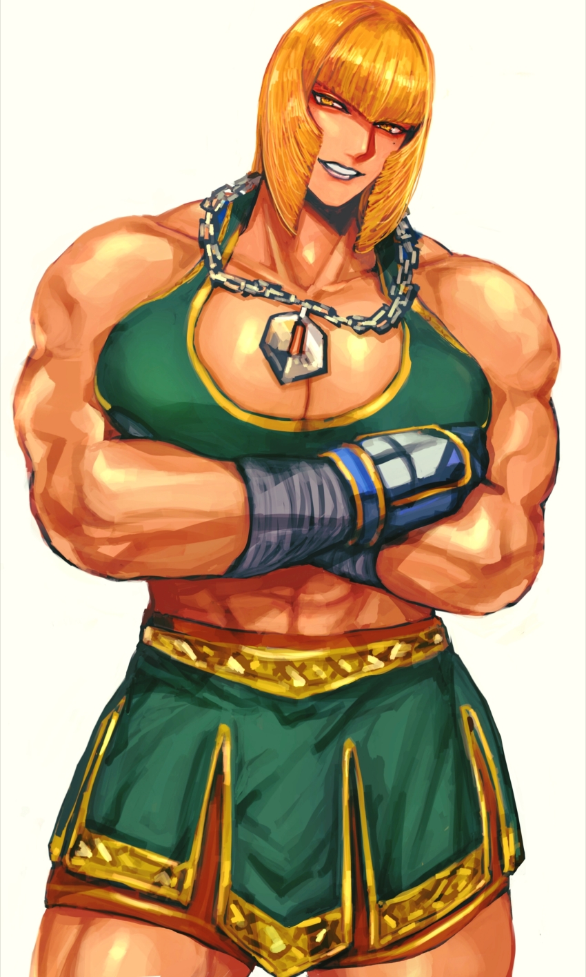 1girl absurdres alternate_color blonde_hair brown_eyes commentary crossed_arms green_skirt green_sports_bra highres jewelry marisa_(street_fighter) muscular muscular_female necklace official_alternate_color simple_background skirt solo sports_bra street_fighter street_fighter_6 white_background zuman_(zmnjo1440)