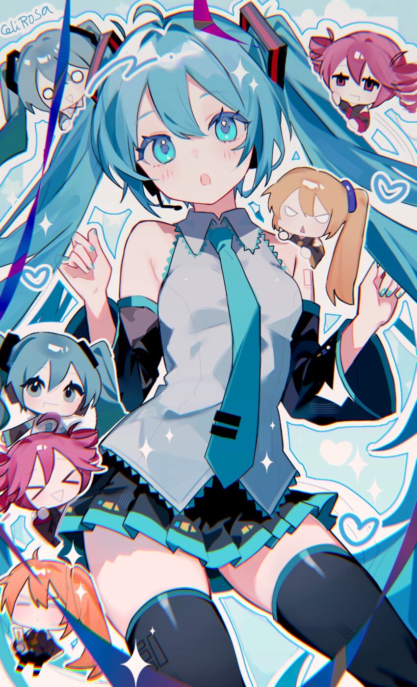 3girls :o ahoge akita_neru aqua_eyes aqua_hair aqua_nails aqua_necktie aqua_trim bare_shoulders black_footwear black_headphones black_skirt black_sleeves boots chibi commentary detached_sleeves english_commentary goot grey_shirt hatsune_miku headphones highres kasane_teto looking_at_viewer miniskirt multiple_girls necktie open_mouth outline shirt skirt sleeveless sleeveless_shirt solo_focus thigh_boots tie_clip twintails utau vocaloid white_outline