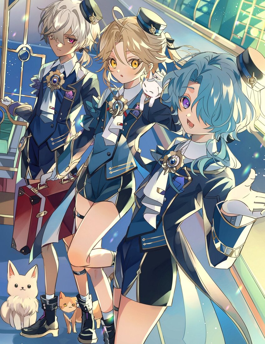 3boys animal arlan_(honkai:_star_rail) black_footwear blonde_hair blue_hair cat dark-skinned_male dark_skin dog gg_suyari gloves grey_hair hair_over_one_eye highres holding honkai:_star_rail honkai_(series) long_sleeves looking_at_viewer male_focus misha_(honkai:_star_rail) multiple_boys open_mouth peppy_(honkai:_star_rail) ponytail purple_eyes short_hair shorts standing white_gloves yanqing_(honkai:_star_rail) yellow_eyes