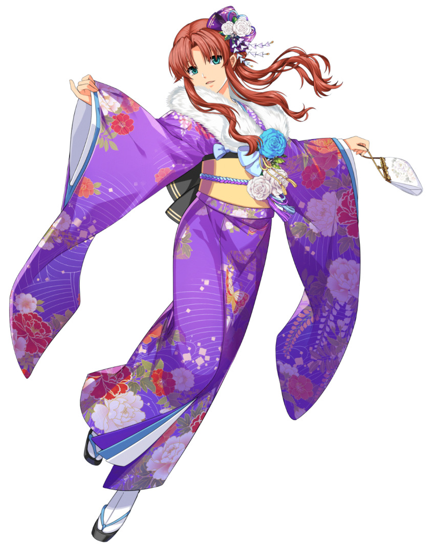 1girl akatsuki_no_kiseki bow brown_hair eiyuu_densetsu floating_hair floral_print flower full_body green_eyes hair_bow hair_flower hair_intakes hair_ornament highres japanese_clothes kimono long_hair long_sleeves looking_at_viewer obi official_art print_kimono purple_bow purple_kimono ries_argent sash socks solo sora_no_kiseki standing tabi third-party_source transparent_background white_flower white_socks wide_sleeves