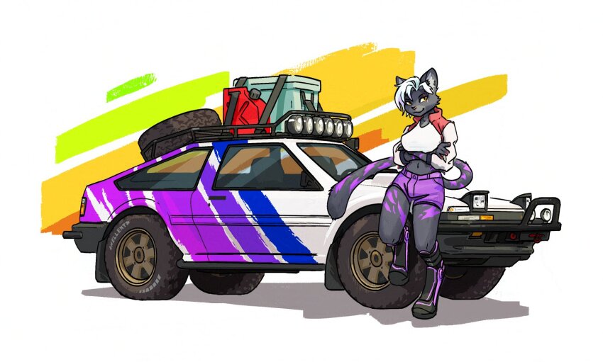 1girl animal_ears black_footwear body_fur boots breasts brown_eyes car cat_ears cat_girl cat_tail crossed_arms furry furry_female grey_hair highres jacket kathryn_demon looking_to_the_side medium_breasts midriff motor_vehicle navel original pop-up_headlights purple_shorts red_jacket scar scar_across_eye shadow shirt shorts smile solo spare_tire tail toyota toyota_sprinter_trueno vehicle_focus white_shirt