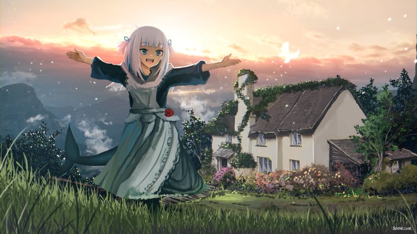 :d advarcher alternate_costume apron artist_name blue_dress blue_eyes blue_hair blue_ribbon blunt_bangs cloud cloudy_sky commentary dress english_commentary fins fish_tail flower full_body gawr_gura grass hair_ribbon highres hill hololive hololive_english house long_sleeves looking_to_the_side medium_hair mountainous_horizon multicolored_hair open_mouth outstretched_arms parody ribbon shark_girl shark_tail sharp_teeth silver_hair sky smile solo spread_arms standing streaked_hair tail teeth the_sound_of_music tree two_side_up virtual_youtuber wide_sleeves