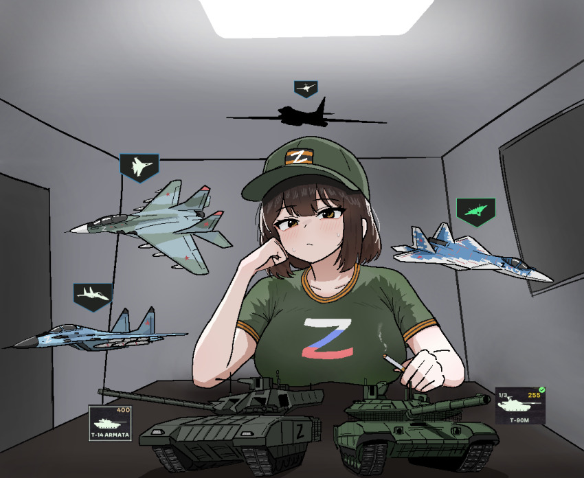 1girl aircraft airplane blush breasts brown_eyes brown_hair cigarette closed_mouth cocktiel77 collarbone commentary_request green_shirt hat holding holding_cigarette indoors korean_commentary looking_at_viewer medium_hair military_vehicle motor_vehicle original russian_air_force russian_army russian_flag shirt sidelocks sitting solo sweat t-14_armata t-90 t-shirt table tank