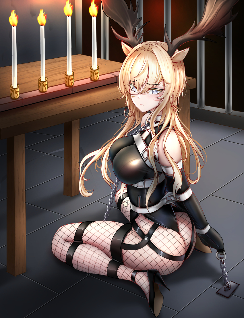 1girl absurdres animal_ears antlers arknights bars bdsm bianfu_yeyue black_leotard blonde_hair bondage bound bound_arms bound_legs breasts candle chain colored_eyelashes fishnet_pantyhose fishnets grey_eyes harness high_heels highres horns leotard long_hair looking_at_viewer medium_breasts monoglove pantyhose sitting solo viviana_(arknights) wariza