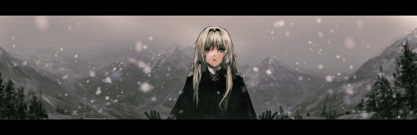 1girl absurdres an-94_(girls&#039;_frontline) black_gloves blonde_hair blue_eyes capelet facing_viewer girls&#039;_frontline gloves grey_sky hairband highres komegu_619 long_hair looking_at_viewer mountain mountainous_horizon open_mouth sky snowflakes snowing spruce tree