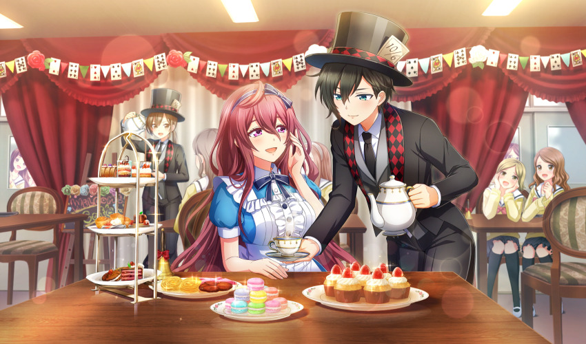 alice_(alice_in_wonderland) alice_(alice_in_wonderland)_(cosplay) alternate_costume apron black_bow black_hair black_hat black_jacket black_necktie black_pants black_skirt black_socks blonde_hair blue_dress bow bow_hairband brown_hair cake card cardigan cinderella_series closed_mouth cookie cosplay cup dress enmaided five_of_spades food frilled_apron frills game_cg glint green_eyes hachigatsu_no_cinderella_nine hair_between_eyes hairband hand_on_table hat highres holding holding_saucer honjo_chikage jack_(playing_card) jacket kneehighs lens_flare long_hair looking_at_another macaron maid maid_apron necktie nine_of_clubs non-web_source official_art open_mouth pants playing_card pleated_skirt purple_eyes purple_hair red_curtains sailor_collar saucer school_uniform serafuku seven_of_clubs shirt shoes short_sleeves sitting six_of_clubs skirt socks standing strawberry_cake teacup teapot three_of_hearts top_hat tsukumo_kana two_of_hearts uwabaki very_long_hair wavy_hair white_sailor_collar white_shirt yellow_cardigan