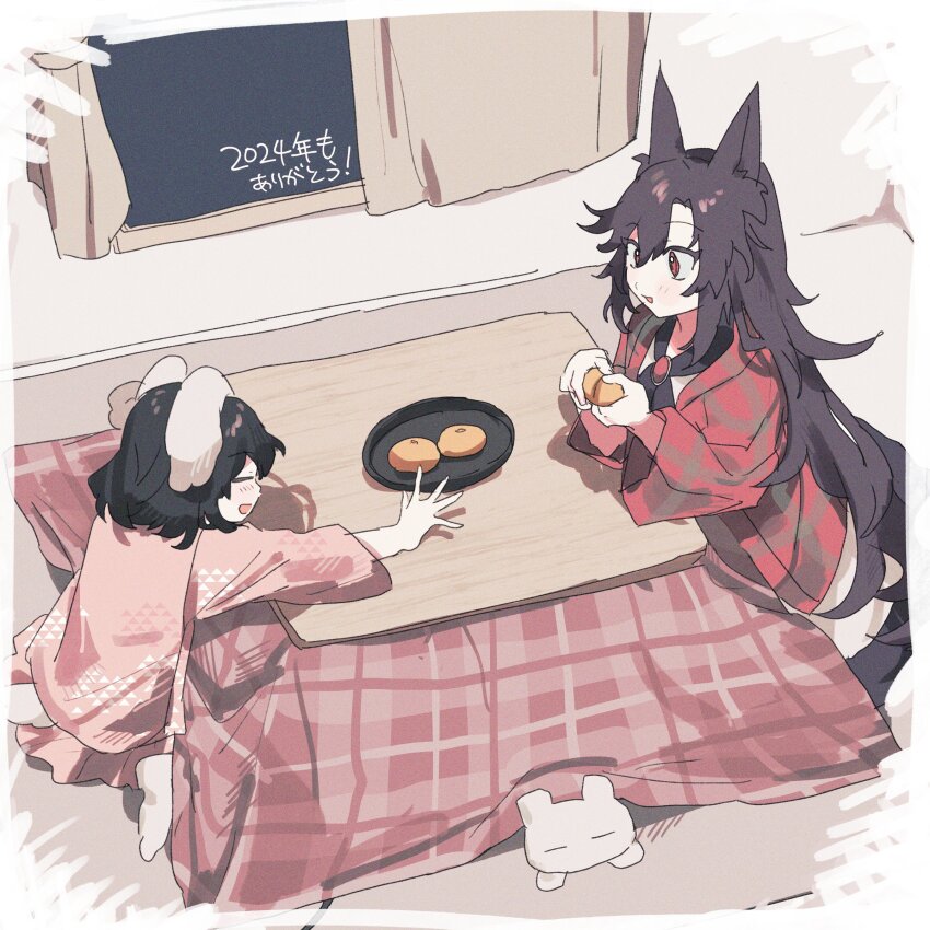 2024 2girls =_= absurdres animal_ears asymmetrical_bangs black_hair black_ribbon brooch brown_curtains closed_eyes commentary_request dress food fruit hair_between_eyes haruwaka_064 highres holding holding_food holding_fruit imaizumi_kagerou inaba_mob_(touhou) inaba_tewi indoors japanese_clothes jewelry kimono kotatsu light_blush long_hair long_sleeves messy_hair multiple_girls night night_sky open_mouth orange_(fruit) pink_kimono plaid_robe plate rabbit rabbit_ears rabbit_girl reaching red_eyes red_robe ribbon robe short_hair sitting sky sleeping smile table tail touhou translation_request triangle_print very_long_hair white_dress wide_sleeves window wolf_ears wolf_girl wolf_tail