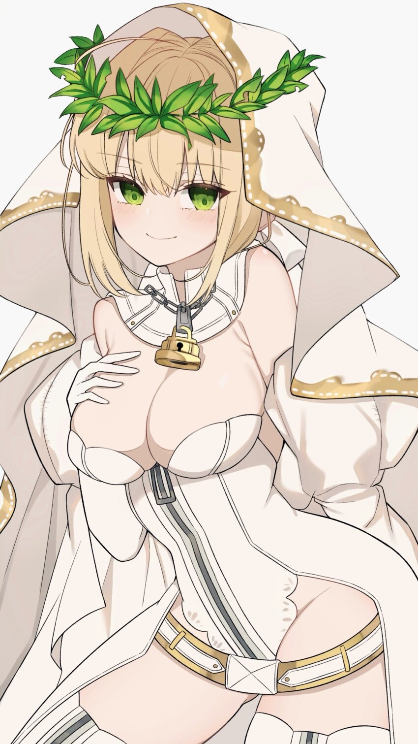 1girl absurdres ahoge bare_shoulders belt blonde_hair blush breasts bridal_veil bride chain cleavage detached_collar detached_sleeves dress elbow_gloves fate/extra fate/extra_ccc fate/grand_order fate_(series) gloves green_eyes hair_between_eyes hair_intakes head_wreath highleg highleg_leotard highres large_breasts leotard lock long_hair looking_at_viewer mati5572 nero_claudius_(bride)_(fate) nero_claudius_(bride)_(second_ascension)_(fate) nero_claudius_(bride)_(third_ascension)_(fate) nero_claudius_(fate) nero_claudius_(fate)_(all) padlock puffy_sleeves smile solo thighhighs thighs veil wedding_dress white_gloves white_leotard white_thighhighs wide_sleeves zipper