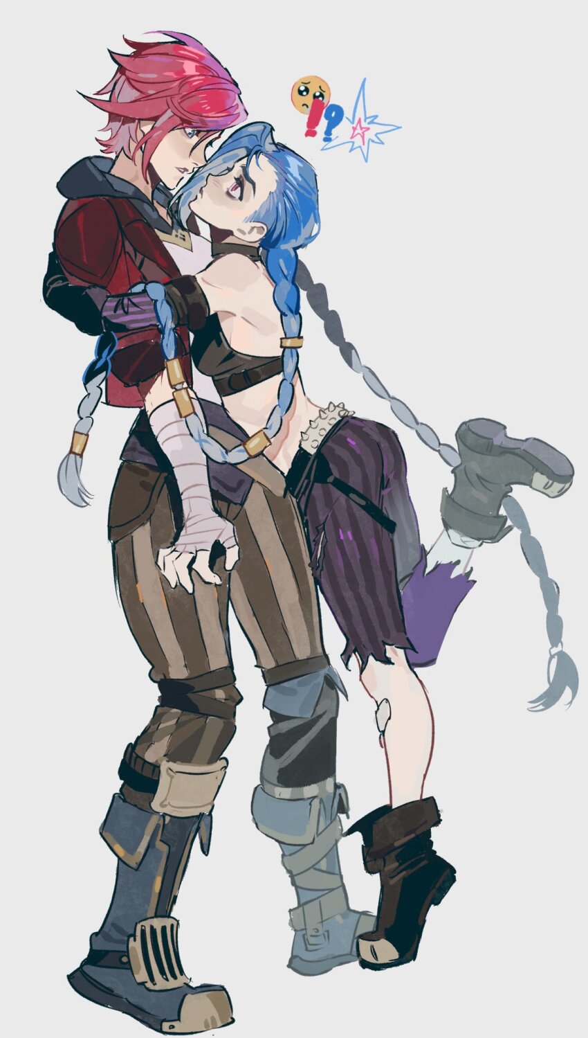 2girls arcane:_league_of_legends arcane_jinx arcane_vi ass asymmetrical_bangs bare_shoulders blue_hair braid cloud_tattoo crop_top fingerless_gloves gloves highres hug jinx_(league_of_legends) league_of_legends long_hair multiple_girls pants pink_eyes short_hair siblings sisters striped_clothes striped_pants sumooo_(ga_ilil) tattoo twin_braids very_long_hair vi_(league_of_legends)