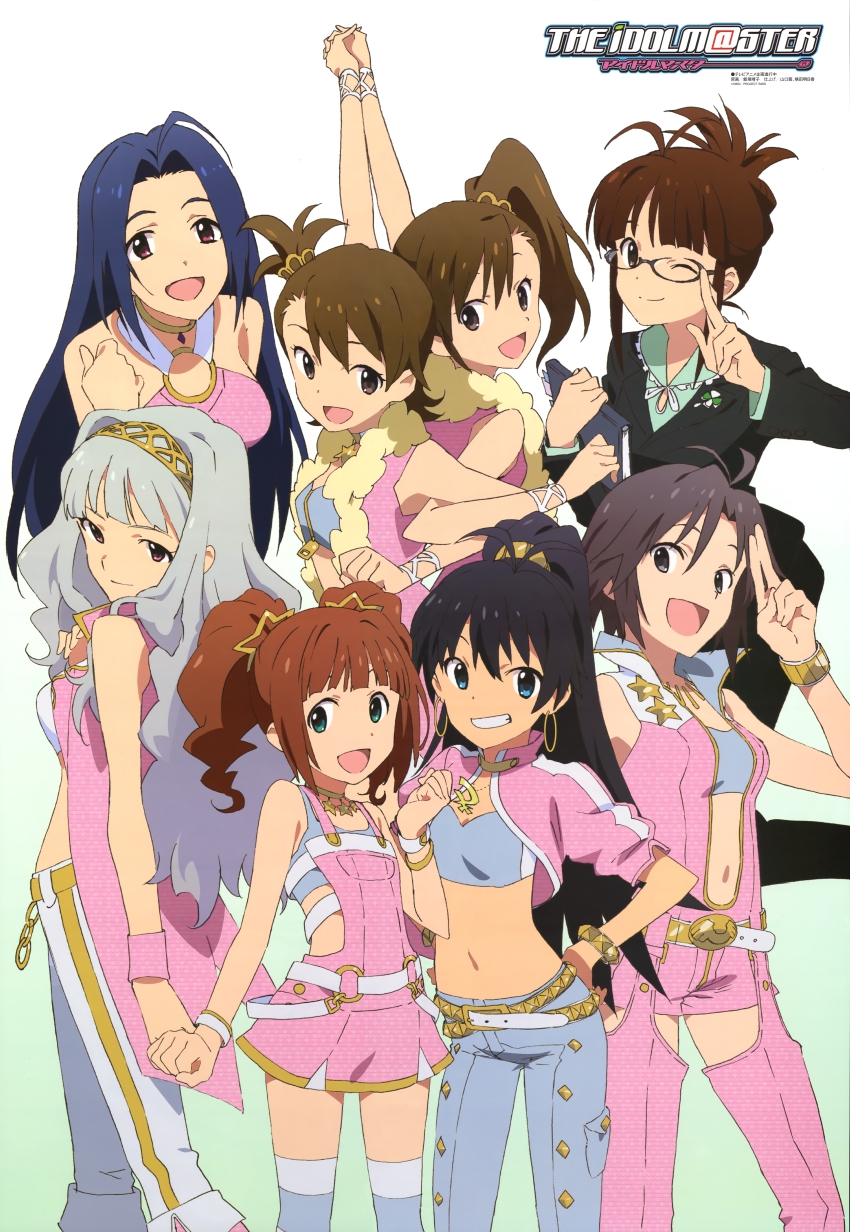 6+girls absurdres akizuki_ritsuko black_hair blue_hair brown_hair futami_ami futami_mami ganaha_hibiki glasses green_eyes highres idolmaster idolmaster_(classic) iizuka_haruko kikuchi_makoto looking_back megami_magazine miura_azusa multiple_girls navel non-web_source official_art one_eye_closed open_mouth ponytail red_eyes shijou_takane siblings silver_hair sisters standing takatsuki_yayoi thighhighs thighs twins wink